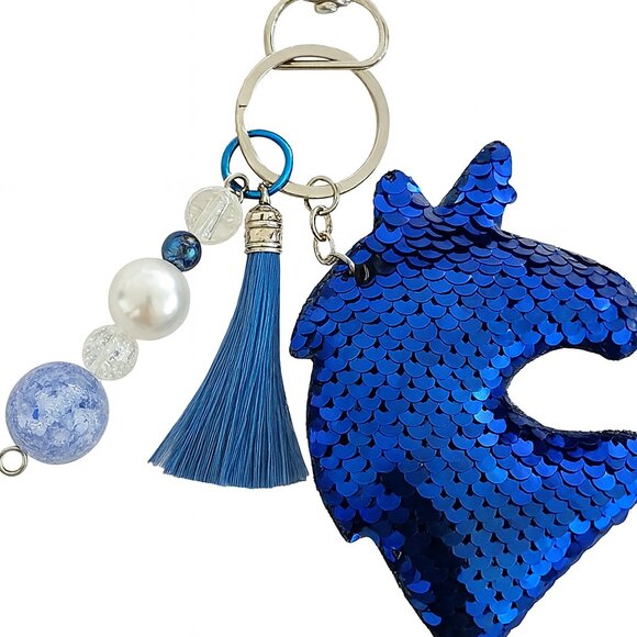Unicorn Sequin Blue Plush Keychain, Silk Tassel, Pearl Bead, Sparkly Purse Charm - Picture 1 of 1